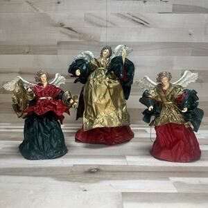 Set of 3 Vintage Papier Mache Christmas Angels Figurines Red Green Gold Holiday